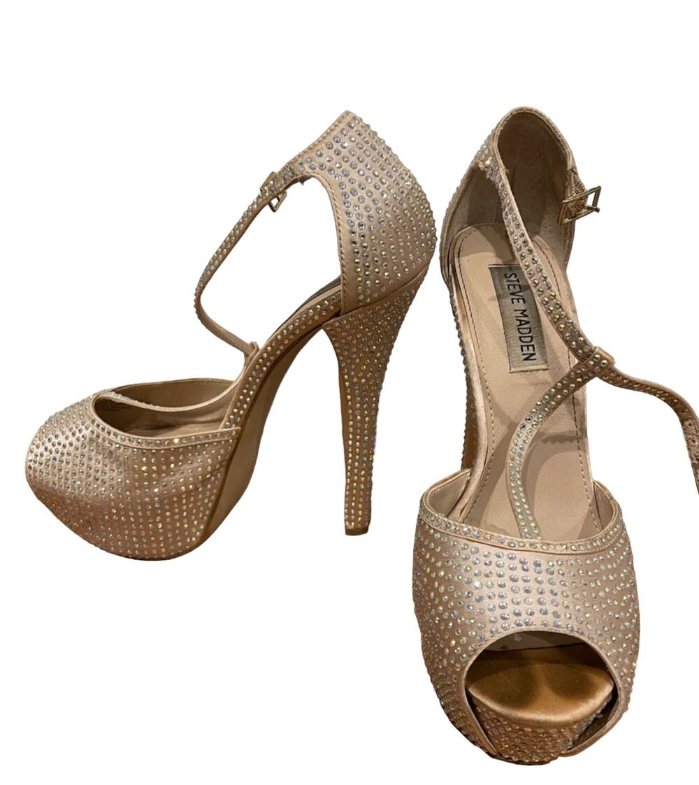 Steve Madden Champagne Angylna1 Platform Crystal Heels Rhinestones Shoes Sz 7.5m